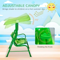 Outsunny Porch Swing for Kids with Adjustable Canopy to Block Sun at Angles, Kids Swing Chair with Seatbelts, Frog Pattern, Gift for Kids Ages 3-6, Green(m-4)