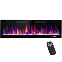 HOMCOM 60" Electric Fireplace Recessed and Wall Mounted, 1500W Ultra-thin with Adjustable Flame, Crystal, Black(m-1)