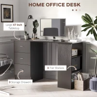 HOMCOM Computer Desk, 47" Writing Table with 3-Tier Shelves and 3 Reversible Drawers for Home Office, Bedroom, Black(m-4)