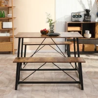 HOMCOM Industrial 3-Piece Dining Table Set, Rectangular Kitchen Table and Chairs for 4 People, Space-Saving Dinner Table with Two Benches, Rustic Brown(m-7)