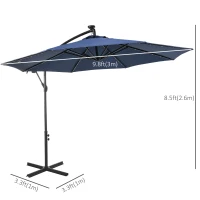 Outsunny 10ft Outdoor Cantilever Umbrella with Solar Lights Banana Umbrella with Adjustable Angle for Patio Backyard Navy Blue(m-3)