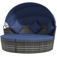 Outsunny 4-piece Cushioned Outdoor Rattan Wicker Sunbed or Conversational Sofa Set with Sun Canopy, Dark Blue