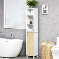 kleankin Tall Bathroom Storage Cabinet, Free Standing Bathroom Cabinet Slim Side Organizer w/ 3-Tier Open Shelf, Door, White(m-8)