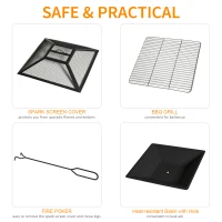Outsunny 34" Outdoor 3 in 1 Steel Square Firepit Portable Stove with Spark Screen Cover, Log Grate, Poker, Grill Net for Patio, White & Black(m-5)