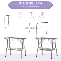 PawHut 37" Foldable Pet Grooming Table Dog Drying Table with Adjustable Arm Non-Slip Rubber Tabletop Aluminium Alloy Edge Stainless Steel Bar Hanging Leash Purple(m-4)