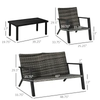 Outsunny 4 Piece Patio Furniture Set, 2 PE Wicker Chairs, Loveseat Sofa, Outdoor Coffee Table, Soft Cushions, Couch & Armchairs for Backyard, Garden, Black(m-3)