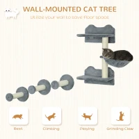 PawHut 4Pcs Cat Wall Shelf with Scratching Posts, Hammock, Steps, Platforms, Cat Shelves for Relaxing, Sleeping, Jumping, Cat Wall Climber for Indoor Cats, Grey(m-4)
