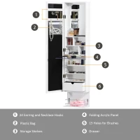 HOMCOM Mirror Jewellery Cabinet Armoire, Jewellery Organizer with 18 LED Lights, Wall-Mounted and Over-The-Door Cabinet with 3 Mountable Heights, Drawer and Open Shelf, White(m-6)