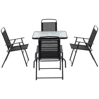 Outsunny 5 Pieces Patio Table and Chairs, Outdoor Dining Set with 4 Folding Chairs, Glass Tabletop and Parasol Hole, Black(m-2)