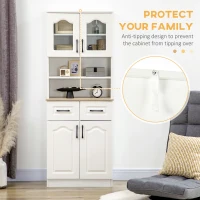 HOMCOM 66" Tall Kitchen Pantry Cabinet, Freestanding Storage Cabinet with 2 Adjustable Shelves, 2 Drawers, Open Counter and Glass Doors, White(m-7)