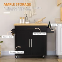 HOMCOM Kitchen Island with Storage, Rolling Cart Trolley with Rubberwood Top, Adjustable Shelf, Drawer, Spice Rack, Black(m-4)