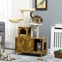 PawHut Litter Box Enclosure with Cat Tree Tower, Hidden Cat Washroom Furniture with Condo, Scratching Posts, Large Platform, Hammock and Soft Cushion, Rustic Brown(m-8)