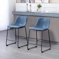 HOMCOM Counter Height Bar Stools Set of 2, Vintage PU Leather Bar Chairs, Kitchen Stools w/ Footrest for Home Bar, Blue(m-8)