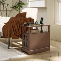 HOMCOM Narrow Side Table End Table with Charging Station, USB Ports, Modern End Table with Storage for Living Room, Brown(m-2)