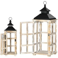HOMCOM 2 Pack 31"/21" Large Rustic Lantern Decorations, Hanging Wooden Metal Indoor Covered Outdoor Lantern for Home Decor (No Glass), Black and Distressed Natural Wood Color(m-11)