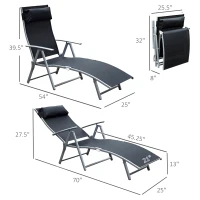 Outsunny Chaise Lounge Foldable Outdoor Chair, Portable, 7-Position Adjustable Reclining Tri-fold Chair for Camping, Sunbathing & Tanning at the Beach, Swimming Pool with Pillow, Black(m-3)