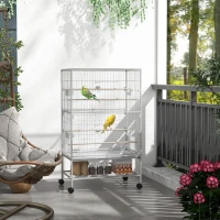 PawHut 52" Large Rolling Steel Bird Cage Bird House with Rolling Stand, Storage Shelf, Wood Perch, Food Container, Grey(m-8)