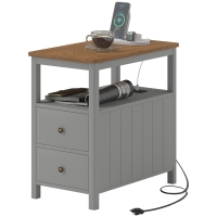 HOMCOM Side Table with Charging Station and USB Ports, Narrow End Table with Drawers, Shelf for Living Room, Gray