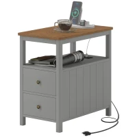 HOMCOM Side Table with Charging Station and USB Ports, Narrow End Table with Drawers, Shelf for Living Room, Gray(m-1)