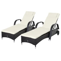 Outsunny 2 Reclining Chaise Lounge Chairs, Rolling Outdoor Chairs with Cushion, Pillow, Headrest, Armrests, and Wheels, Cream(m-1)