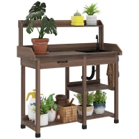 Outsunny Potting Bench Table, Outdoor Garden Table Wooden Work Station with Removable Sink, Faucet, Drawer, Shelves, Hooks, Dark Brown(m-1)