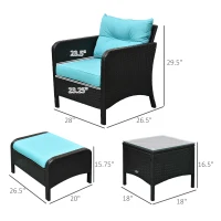 Outsunny 5 Pieces Rattan Wicker Lounge Chair Outdoor Patio Conversation Set with 2 Cushioned Chairs, 2 Ottomans and Tempered Glass Top Coffee Table, Brown/Blue(m-3)