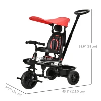 Qaba Kids Tricycle 4 In 1 Trike with Reversible Angle Adjustable Seat Removable Handle Canopy Handrail Belt Storage Footrest Brake Clutch for 1-5 Years Old Red(m-3)
