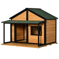 PawHut Outdoor Dog House Cabin Style, Wooden Raised Pet Kennel with Asphalt Roof, Front Door, Side Window, Porch for Medium and Large Dogs, Gray(m-11)