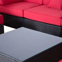Outsunny 9 Pieces Wicker Patio Furniture Set with Cushion, PE Rattan Outdoor Conversation Set Sectional Sofa Set with 2 Loungers and Glass Tabletop, Aluminum Frame, Coffee & Red(m-9)