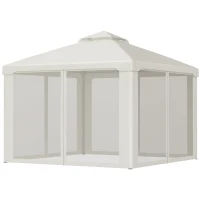 Outsunny 10' x 10' Patio Gazebo Outdoor Pavilion 2 Tire Roof Canopy Shelter Garden Event Party Tent Yard Sun Shade Steel Frame w/ Mosquito Netting Cream White(m-12)