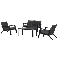 Outsunny 4 Piece Patio Furniture Set, 2 PE Wicker Chairs, Loveseat Sofa, Outdoor Coffee Table, Soft Cushions, Couch & Armchairs for Backyard, Garden, Black(m-11)