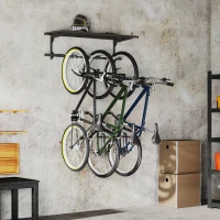 Soozier Bike Storage Rack for 5 Bikes, Wall Mounted Bicycle Rack with Shelf and Adjustable Hooks for Indoor Outdoor Use, Black(m-1)
