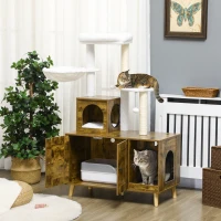 PawHut Cat Tree with Litter Box Enclosure,  2-in-1 Cat Tower Litter Box Furniture Indoor, Cat Condo with Hammock, Scratching Posts Pad, Rustic Brown(m-10)