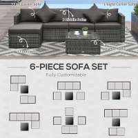 Outsunny 6 Piece Patio Furniture Set Outdoor Wicker Conversation Set All Weather PE Rattan Sectional Sofa Set with Ottoman, Cushions and Tempered Glass Table, Mixed Gray and Charcoal(m-7)