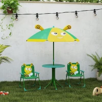 Qaba Kids Picnic Table and Chair Set, Outdoor Activity Table with Foldable Chairs, Height Adjustable Umbrella, Green(m-10)