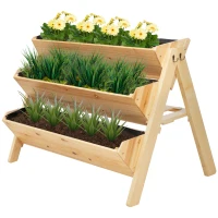 Outsunny 3-Tiers Vertical Raised Garden Bed, Wooden Elevated Planter Boxes, Plant Stand with Side Hooks & Storage Clapboard, Drainage Holes, Bed Liner, for Flowers Herbs Vegetables(m-1)