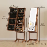 HOMCOM Lockable Jewellery Armoire with LED Light, Standing Mirror with Storage for Bedroom Dressing Room, Rustic Brown(m-3)