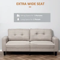 HOMCOM 3-Seater Sofa, Mid-Century Linen Couch with Upholstered Seat, Button-Tufted Back Cushion and Rubber Wood Legs for Living Room, Bedroom, Beige(m-5)