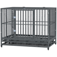 PawHut 43" Heavy Duty Dog Crate Metal Cage Kennel with Lockable Wheels, Double Door and Removable Tray, Gray