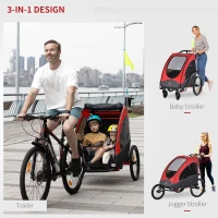 Aosom 3 In1 Baby Bike Trailer for 2 Kids, Foldable Double Jogger Stroller, 2-Seater Stroller with Shock Absorber System, Rubber Tires, Adjustable Handlebar Brake, Storage Bag, Red(m-4)