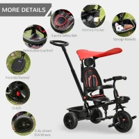 Qaba Kids Tricycle 4 In 1 Trike with Reversible Angle Adjustable Seat Removable Handle Canopy Handrail Belt Storage Footrest Brake Clutch for 1-5 Years Old Red(m-7)