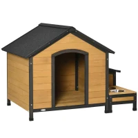 PawHut Wooden Dog House Outdoor, Cabin Style Raised Pet Home Cottage, with Bowls, Weather Resistant Roof, Storage Box, for Medium Sized Dog, Natural Wood(m-11)