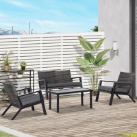 Outsunny 4 Piece Patio Furniture Set, 2 PE Wicker Chairs, Loveseat Sofa, Outdoor Coffee Table, Soft Cushions, Couch & Armchairs for Backyard, Garden, Black(m-10)