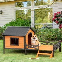 PawHut Outdoor Dog House with Porch, Wooden Dog Kennel with Water-resistant Asphalt Roof, Ladders, Fencing, Window, for Small and Medium Dog, Natural(m-2)