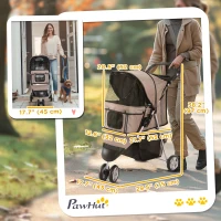 PawHut Cat Stroller, 3 Wheels Foldable Dog Stroller with Storage Basket, Brake, Adjustable Canopy, Cupholders, Pet Stroller for Miniature and Small Dogs Travel, Coffee(m-3)