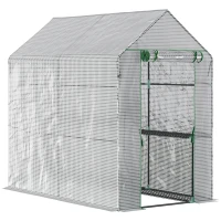 Outsunny 73" x 47" x 75" Walk-in Greenhouse Outdoor Portable Plant Flower Growth Warm House Garden Tunnel Shed with Roll-up Door and 4 Shelves, White(m-2)