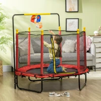 Qaba Kids Trampoline with Net, Basketball Hoop, Horizontal Bar Indoor, Red(m-2)