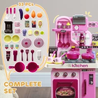 Qaba Kids Play Kitchen with Lights, Sounds, 33 Accessories & Storage for Toddler 3-6 Years(m-7)