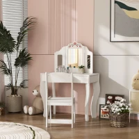 Qaba Kids Vanity Set, Dual-Use Dressing Table with Removable Tri-Folding Mirror and Drawer, for Ages 3-8, White(m-8)
