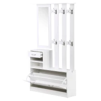 HOMCOM Entryway Organizer Unit, 3 In 1 Design Hall Tree with 6 Hooks, Mirror, Coat Rack Shoe Storage Shelf with Coat Hanger for Hallway Living Room White(m-11)